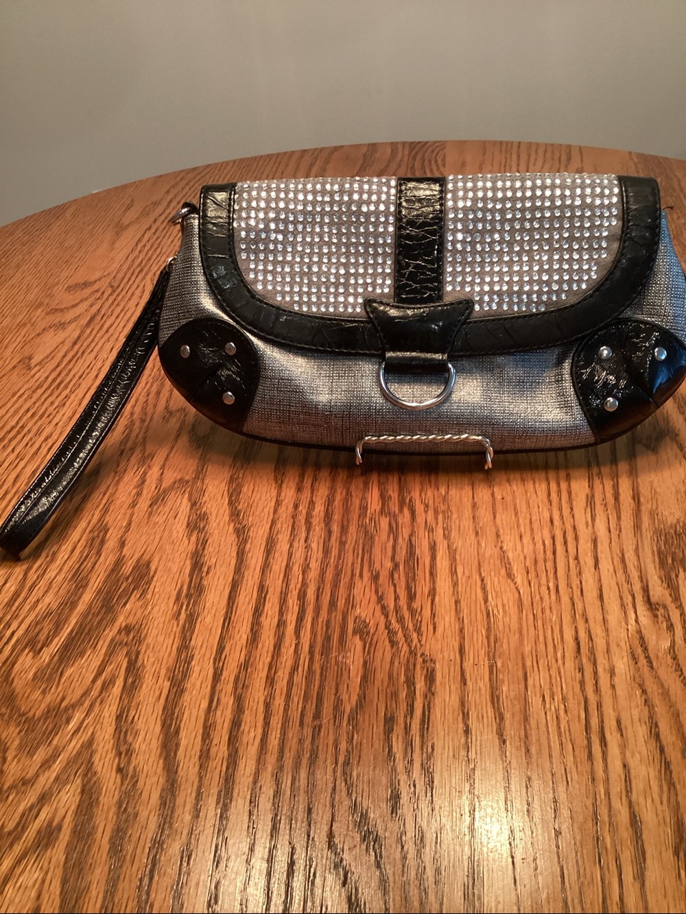 Vintage Express Black Rhinestone Wristlet Clutch with Silver Studs